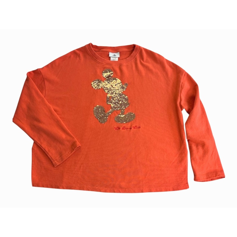 Disney Park Mickey Mouse Sweatshirt Womens sz M Coral/Orange Gold Sequin Glitzy - Picture 1 of 14